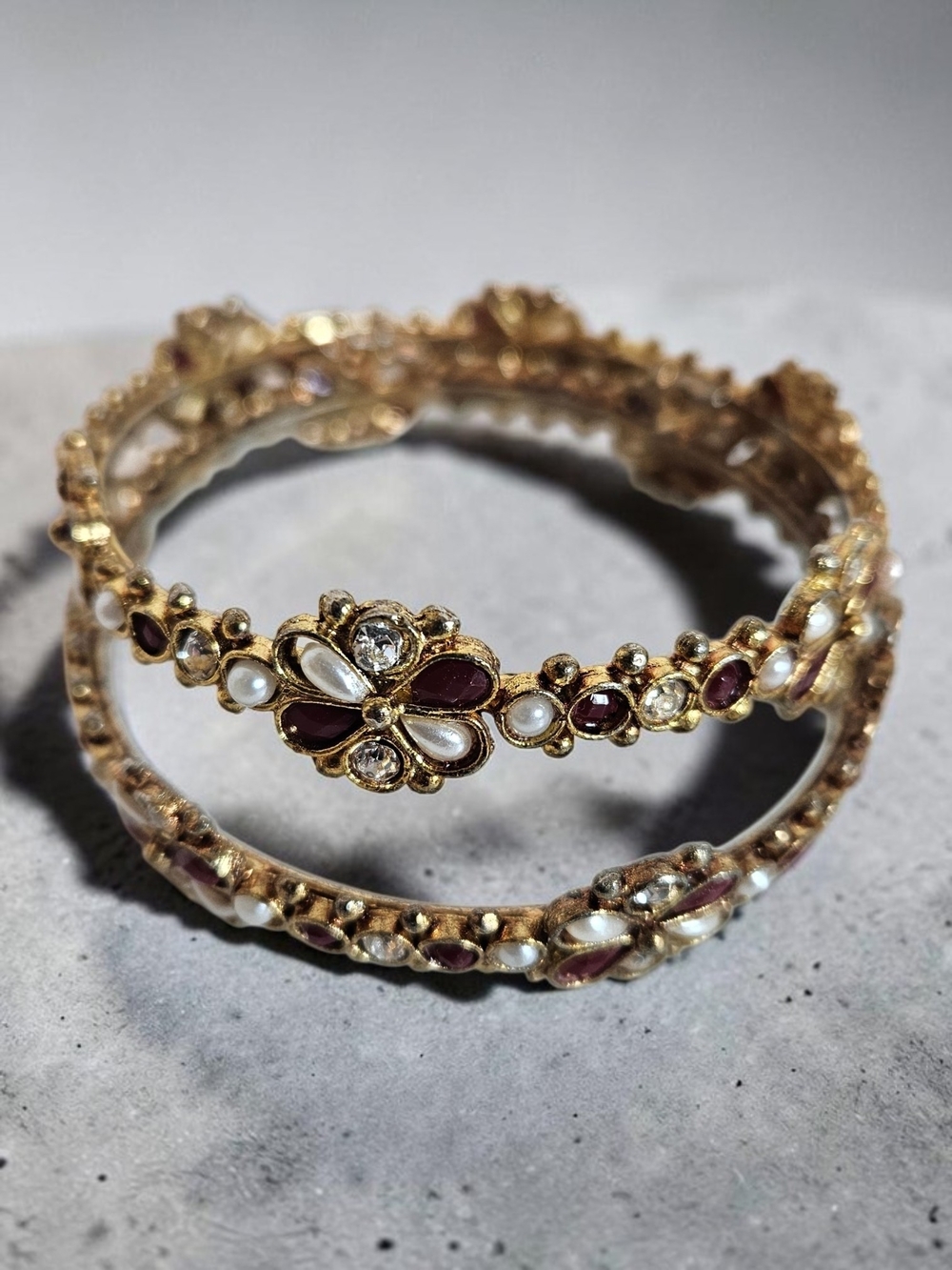 Indian Kundan Polki Kada Bangles Pair Bridal Pearl Red Crystal Gold Tone Wedding